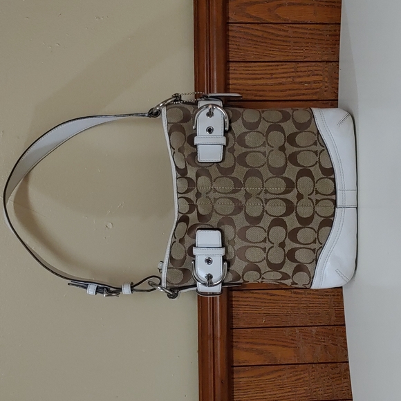 Coach Signature Jacquard Cream Leather Shoulder Bag - Picture 1 of 17